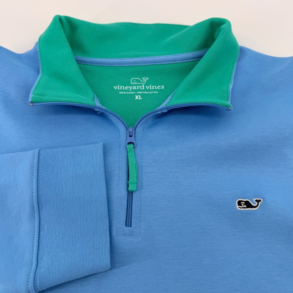 Vineyard Vines Pullover Mens XL Blue 1/4 Zip Pima Cotton Whale Logo Mock Neck